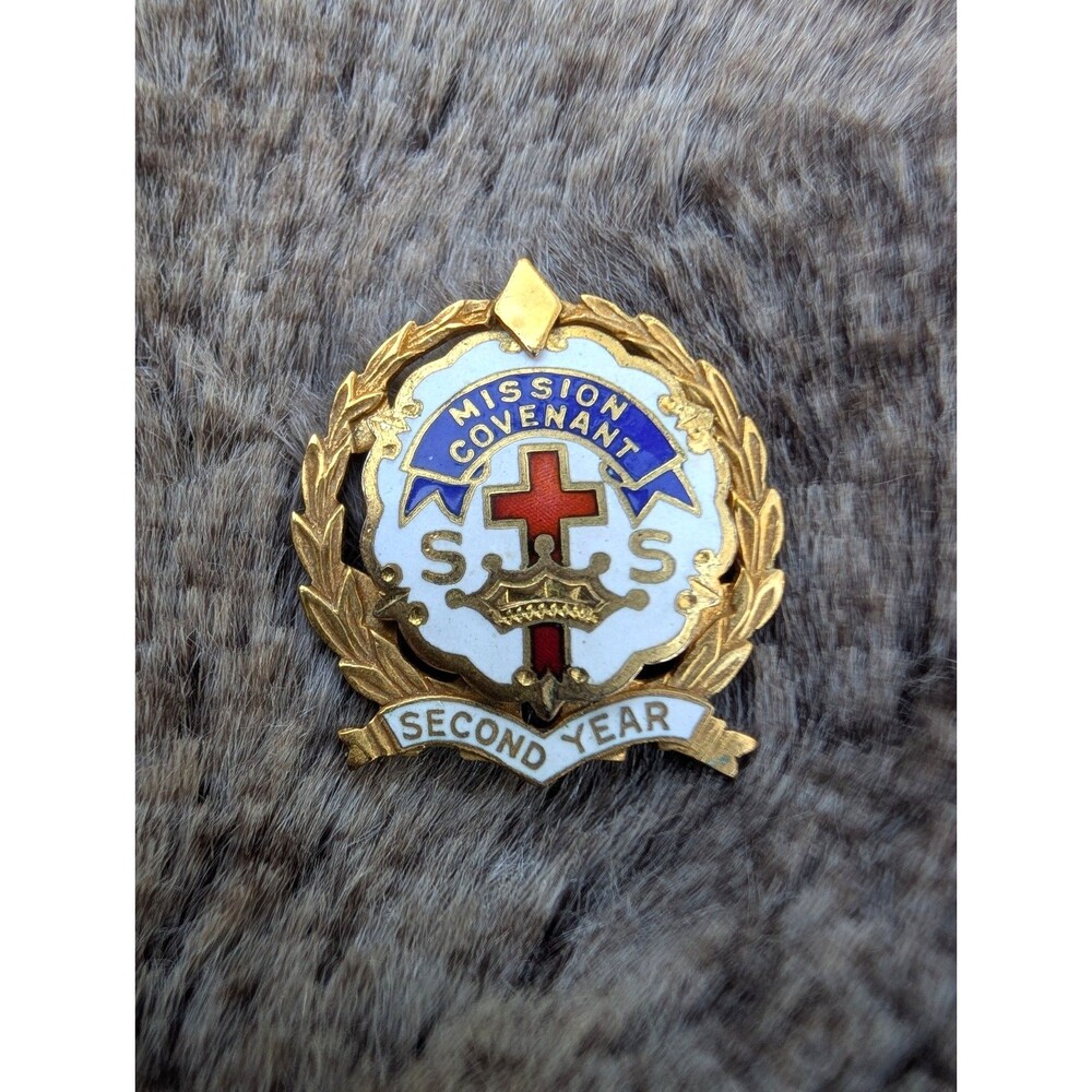 Vintage Gold Presbyterian Cross Crown Enameled 2nd Year Sunday School Award Pin